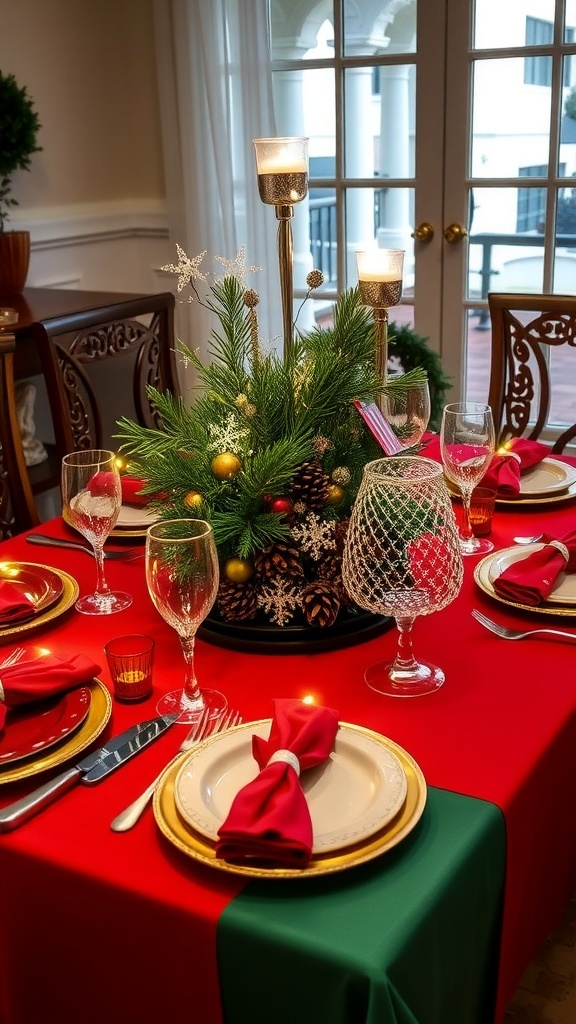 A festive Christmas in July table setting with red and green decor, pinecone centerpiece, and warm lighting.